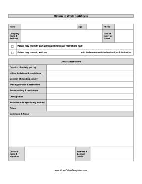 Physicians Release Return to Work OpenOffice Template