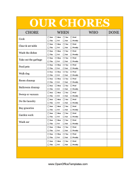 Yellow Family Chore Chart OpenOffice Template