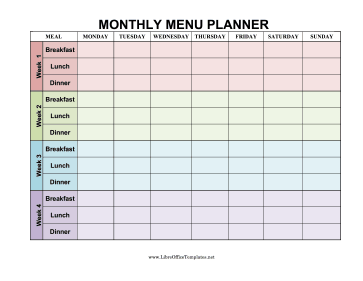 4-Week Colored Menu Planner OpenOffice Template