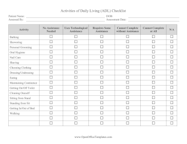 Activities Of Daily Living Checklist OpenOffice Template