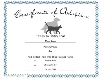 Animal Adoption Certificate OpenOffice Template