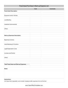 Asset Purchases And Start-Up Expenses OpenOffice Template