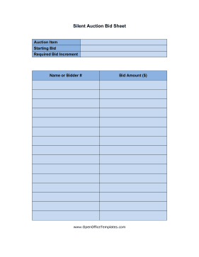 Bid Form Silent Auction OpenOffice Template