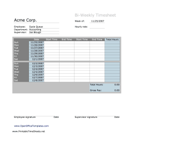 Biweekly Timesheet No Breaks OpenOffice Template