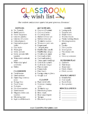 Classroom Wish List Primary Grades OpenOffice Template
