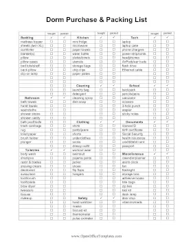 College Dorm Packing List OpenOffice Template