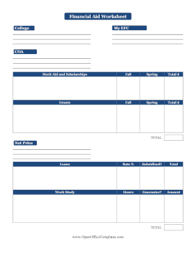 College Financial Worksheet OpenOffice Template