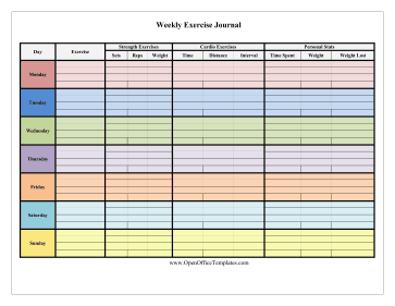 Colorful 7-Day Exercise Log OpenOffice Template