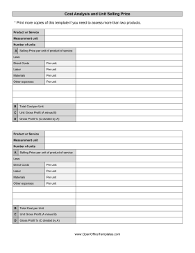 Cost Analysis And Selling Price OpenOffice Template