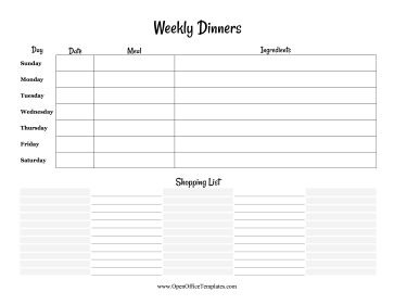 Dinner Planner Weekly OpenOffice Template