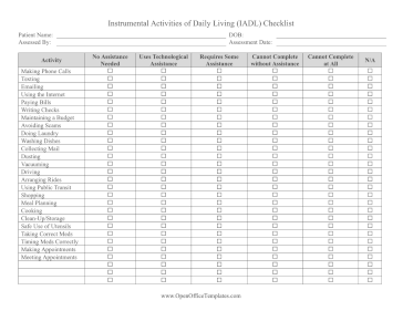 Instrumental Activities Of Daily Living Checklist OpenOffice Template