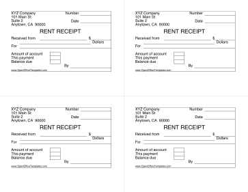 Rent Receipt 4 Per Page OpenOffice Template