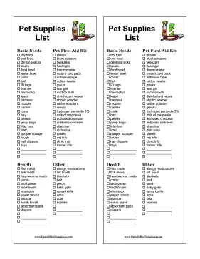 Shopping List Pet Supplies OpenOffice Template