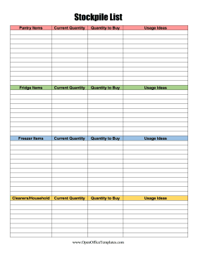 Shopping List Stockpile Items OpenOffice Template