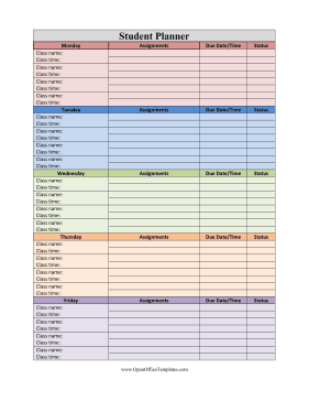 Student Planner OpenOffice Template