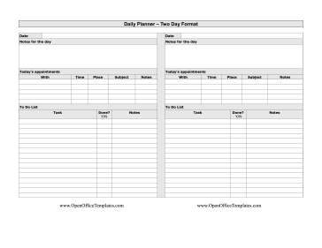 Two Day Daily Plan OpenOffice Template